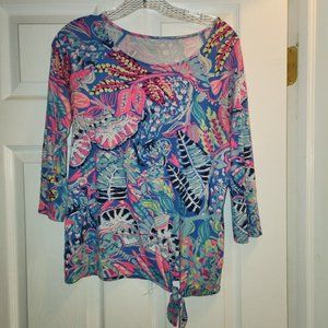 LILLY PULITZER Pink Blue Top Tie Front Knot 3/4 sleeve Small